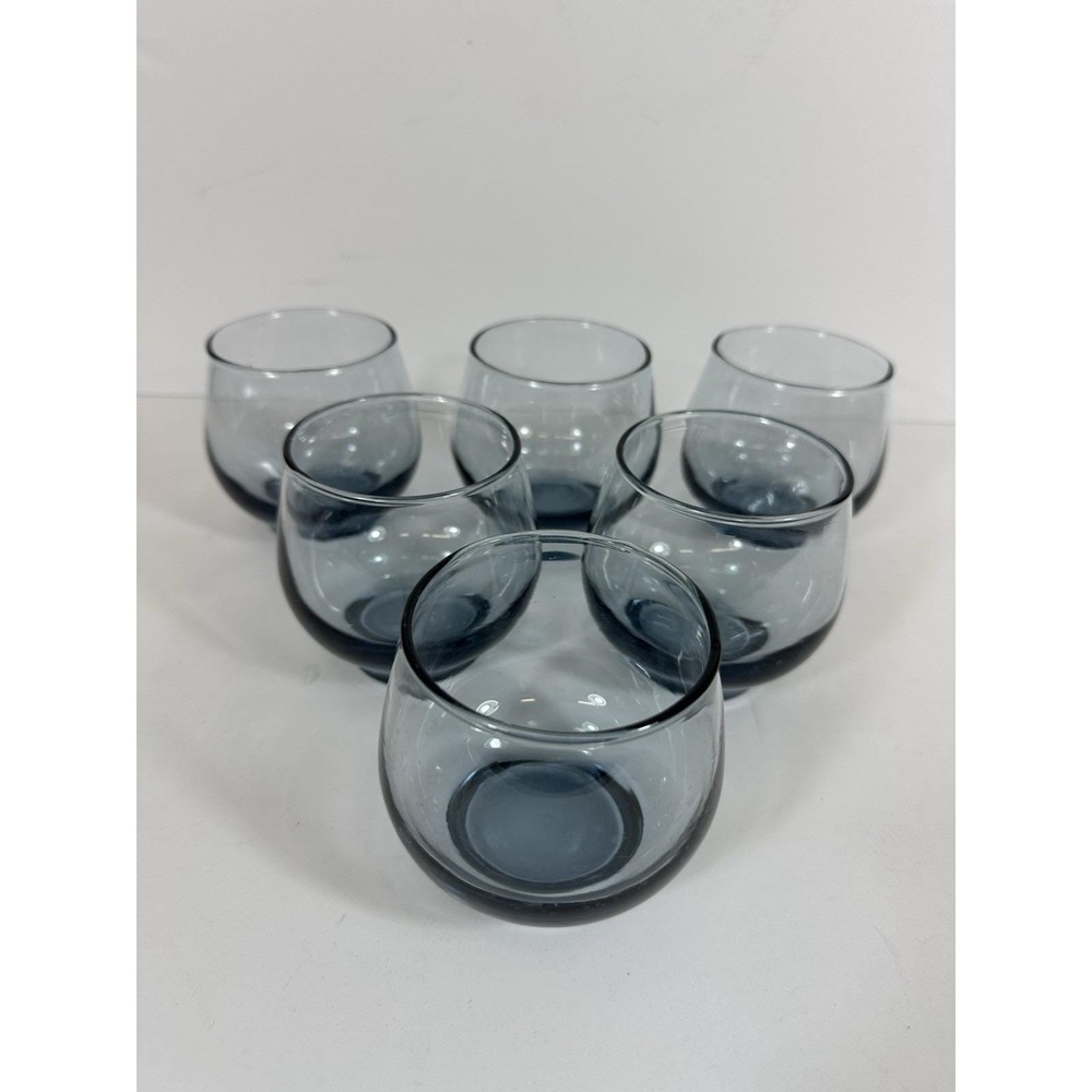 Libbey Roly Poly Glasses Juice/Rocks Smokey Blue 3 1/4" Vtg 70s Set Of 6 Round